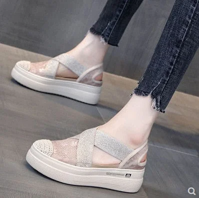 Back to school outfits  Sonicelife  2022 New Summer Mesh Hollow Platform Loafers Sandals Slides Increased Breathability Ladies Single Shoes Mujer Zapatos