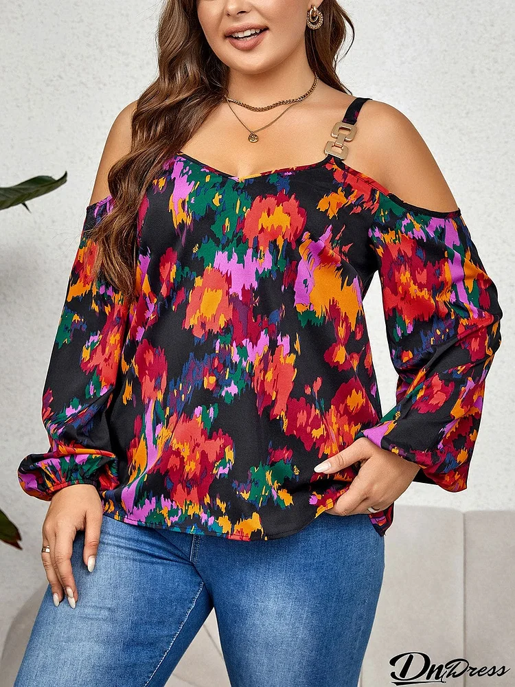 Plus Size Printed Cold Shoulder Long Sleeve Blouse