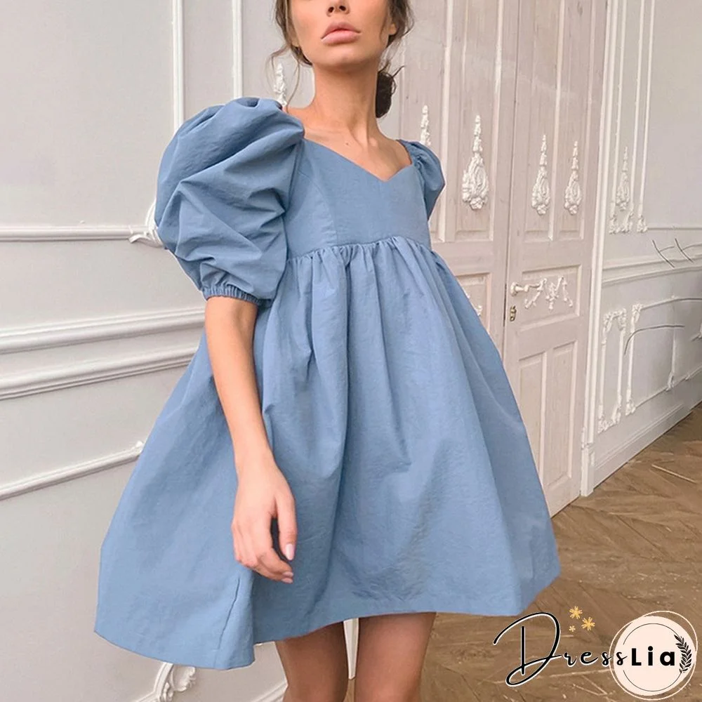 Sexy Summer Women Dress New Hot Sale V-neck Short Puff Sleeves Casual Women's Loose Pure Blue Large Swing A-line Mini Dress