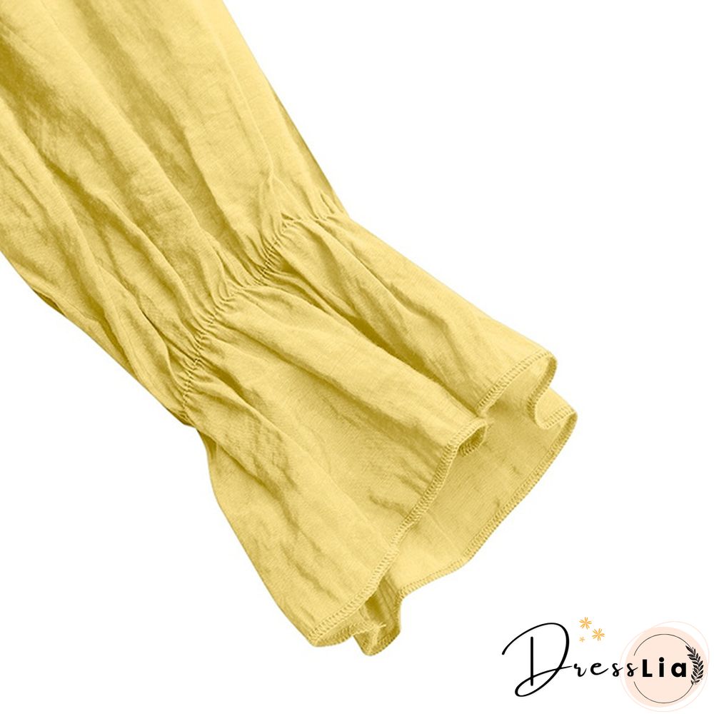 Women Elegant V Neck Flare Sleeve Button Up Shirts Blouse S-5XL Solid Color Pleated Ruffled Hem Lace Tops