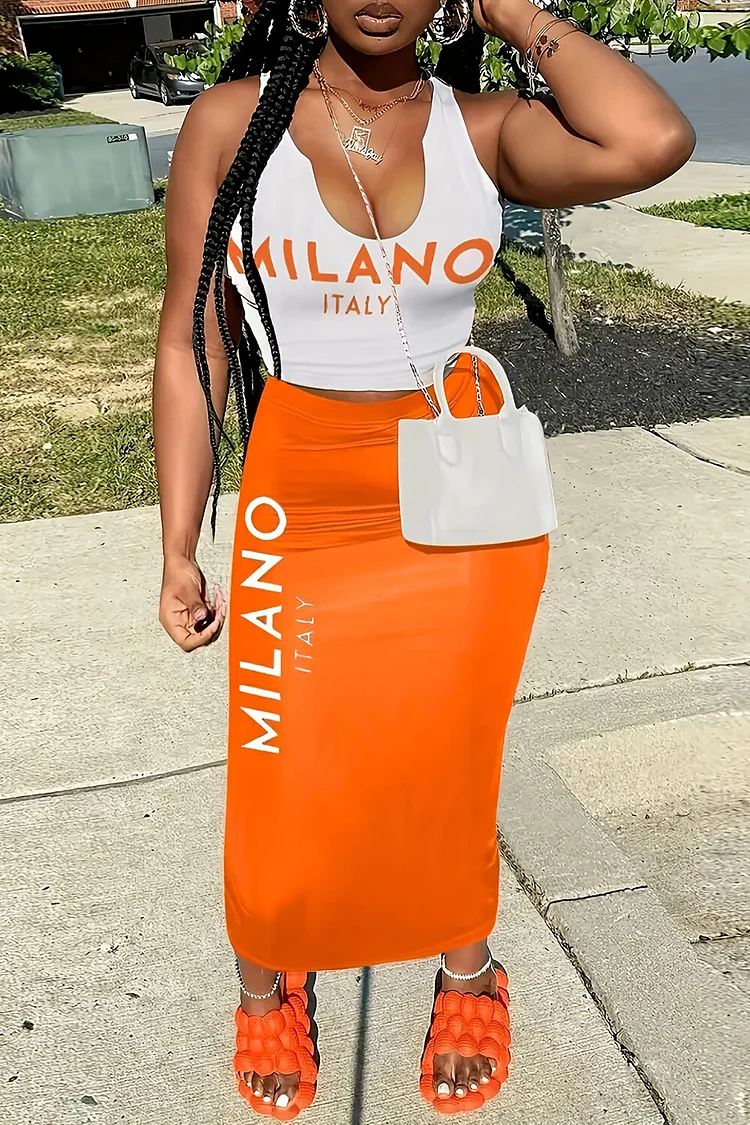 Letter Print Plunge Neck Tank Top Colorblock Bodycon Maxi Skirt Set-Orange