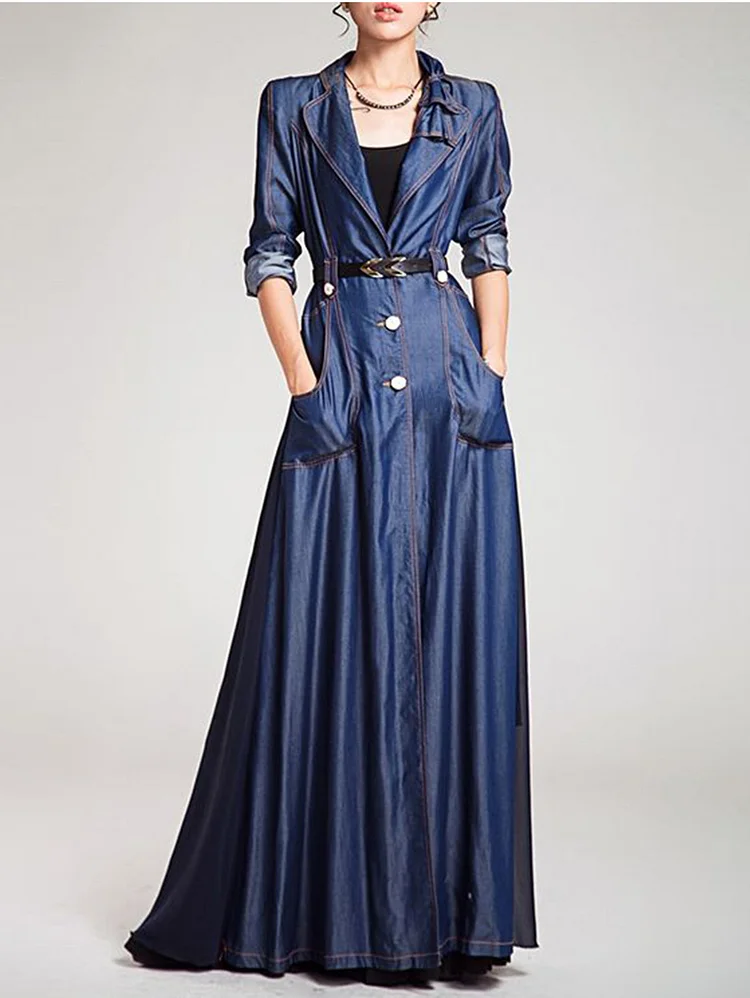 UR Fashion Solid Color Lapel Collar Spliced Long Sleeve Denim Maxi Dress