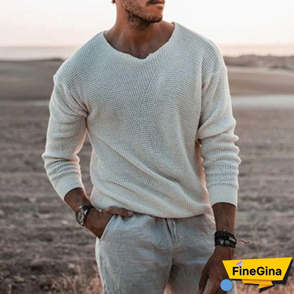 Long Sleeve Round Neck White Slim Fit Men's Sweater