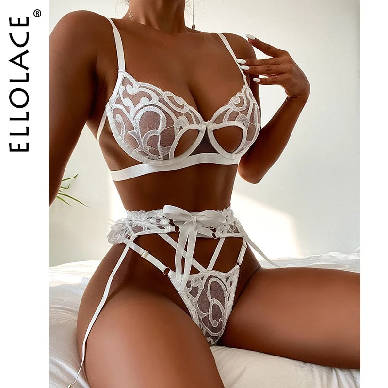 Ellolace Sensual Erotic Set Lace Hollow Out Lingerie 3-Piece Sexy Transparent Bitch Intimate Bra Bandage Garters Underwear 514