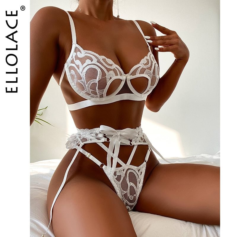 Ellolace Sensual Erotic Set Lace Hollow Out Lingerie 3-Piece Sexy Transparent Bitch Intimate Bra Bandage Garters Underwear 514