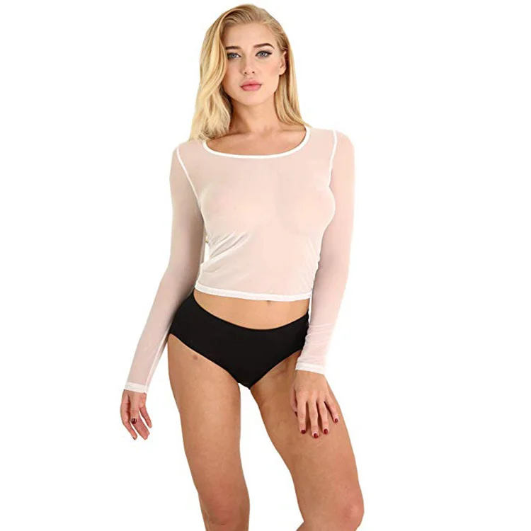 Uveng Uveng And Autumn New Black Full Transparent Net Gauze Bottom Shirt Female Long Sleeve Sexy Perspective Thin Net Shirt Super Elastic Gauze Clothes