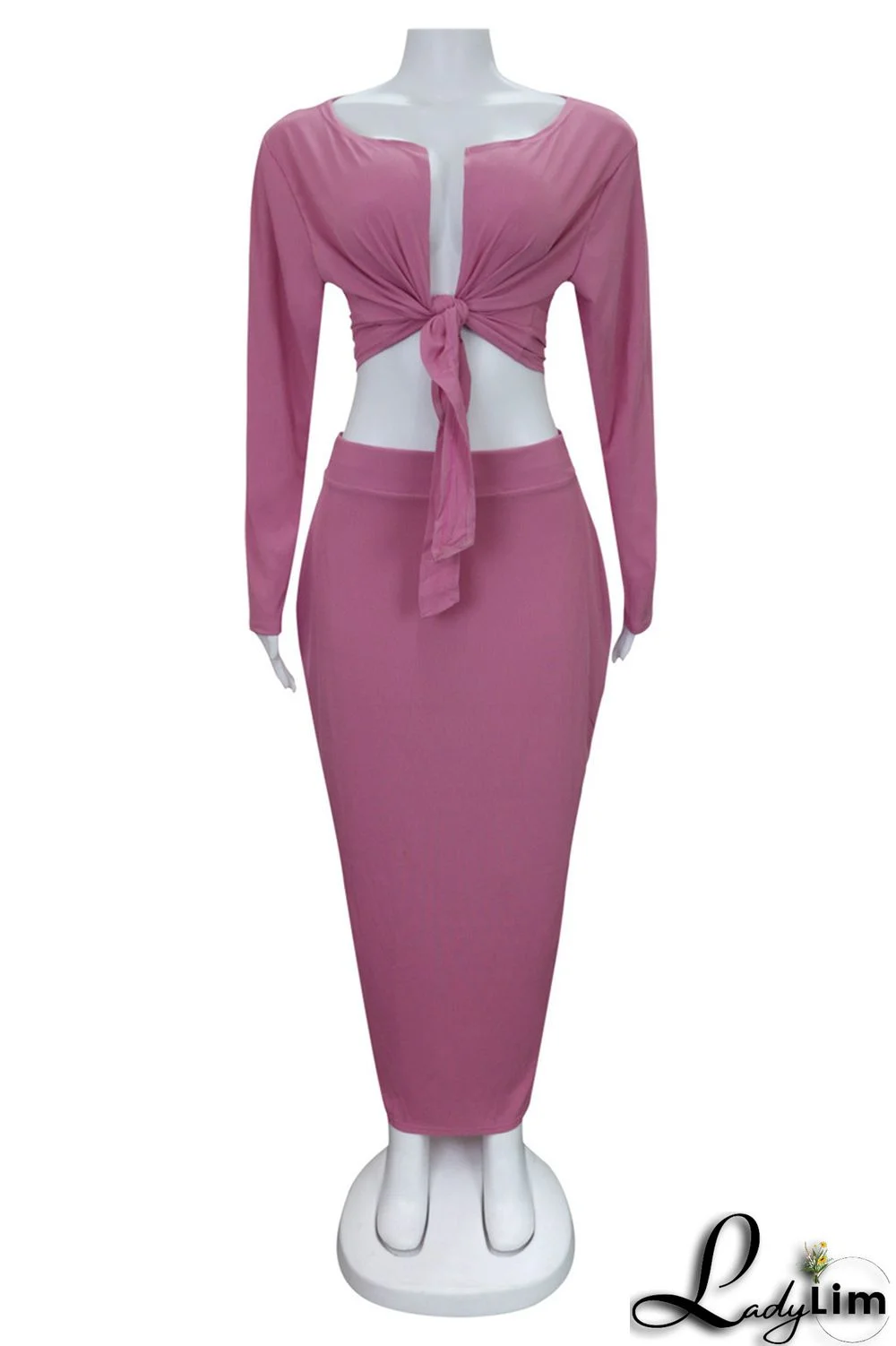 Pink Sexy Casual Solid Bandage V Neck Plus Size Two Pieces