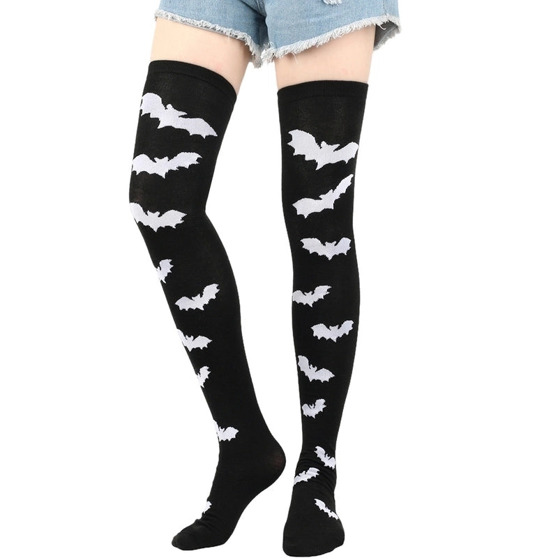 Halloween Retro Women’s Bat Blood Stains Skull Polyester Cotton Over The Knee Socks A Pair