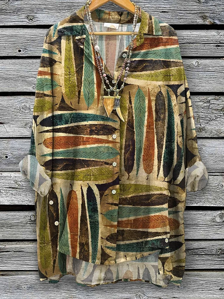 Women's Retro Ethnic Art Print Casual Cotton And Linen Shirt