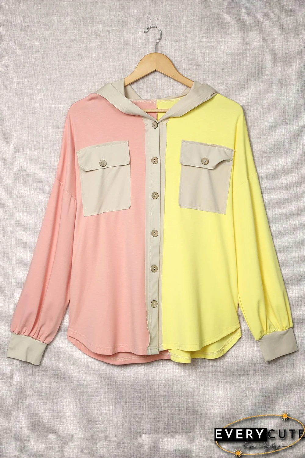 Multicolor Color Block Pocketed Button Down Shirt Jacket with Hood