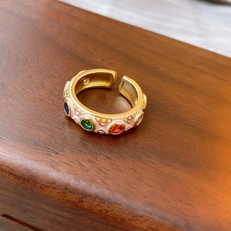 Vintage Style Oval Flower Copper Enamel Inlay Zircon Rings