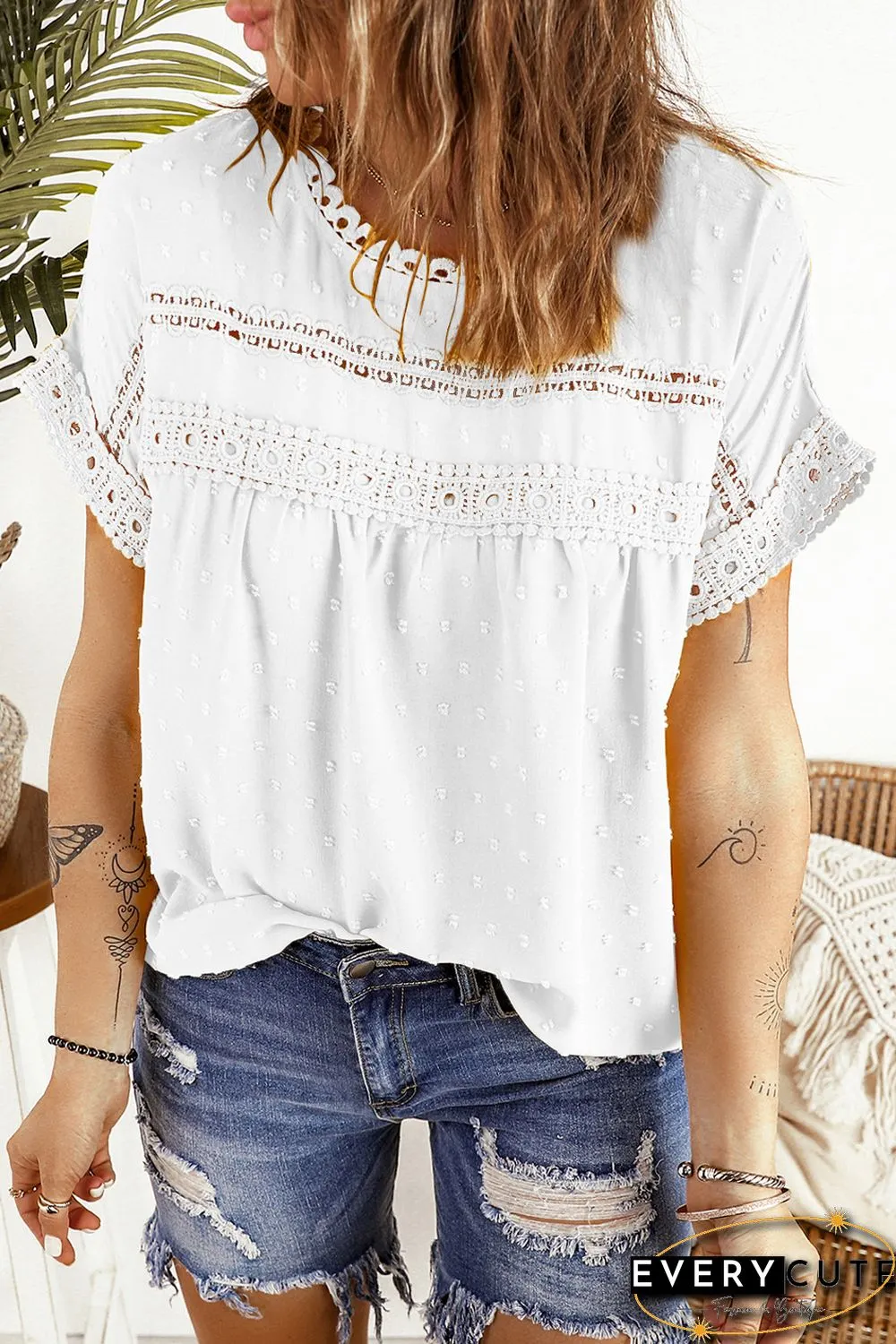 White Swiss Dot Lace Splicing Short Sleeve Top