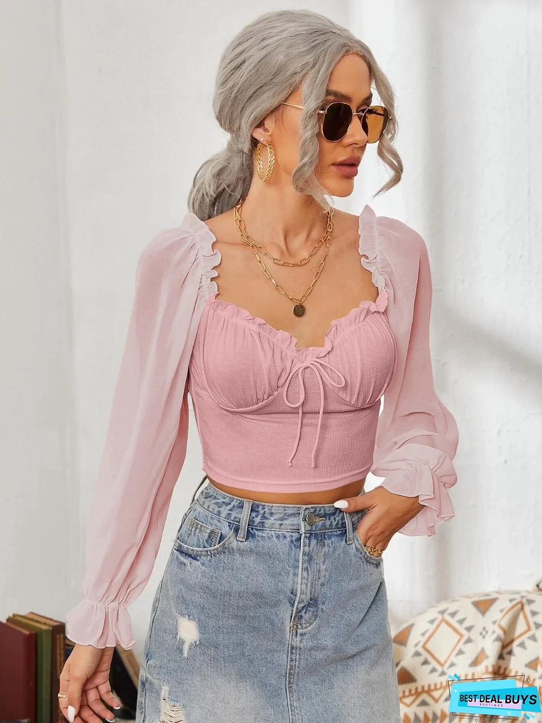 Mesh Sweetheart Neck Flounce Sleeve Top