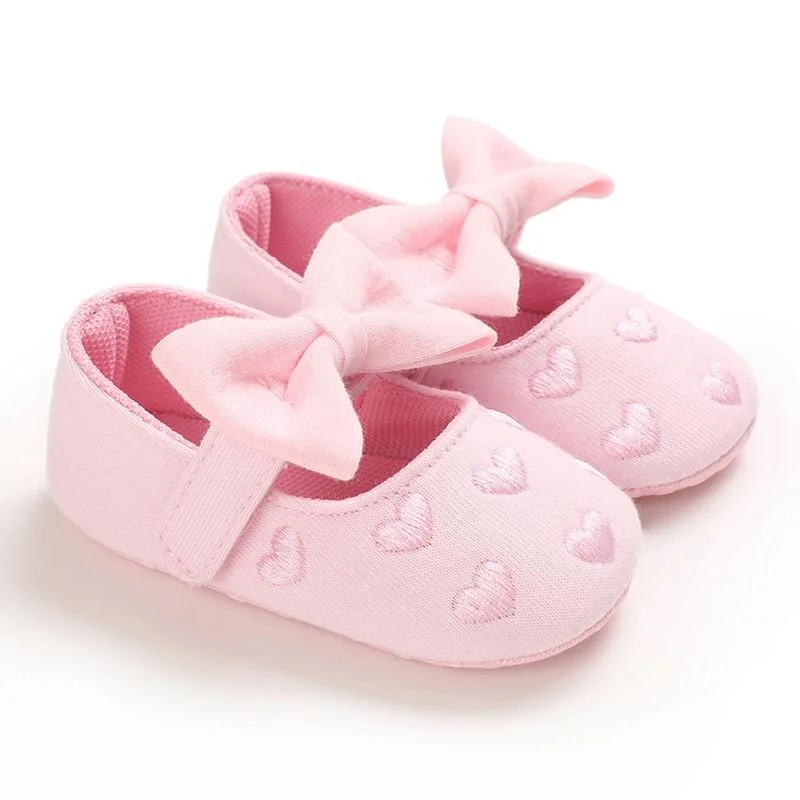 Infant Baby Girl Crib Shoes Heart Embroidery Anti-Slip Soft Sole Heart Print Mary Jane Flats Cute Bow First Walkers