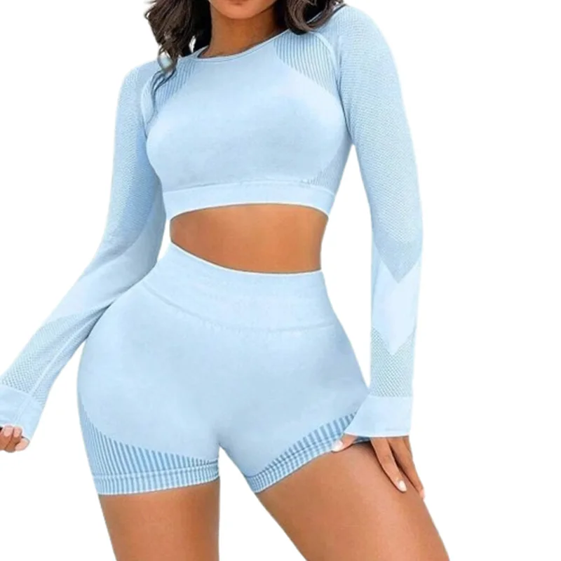 Seamless Knitted Sports Long Sleeve Shorts Yoga Clothes Suit