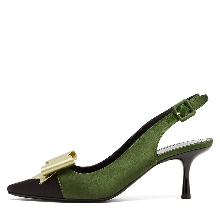 Elegant Olive Satin Slingback Shoes Cap Toe Bow Kitten Heel Pumps |FSJ Shoes
