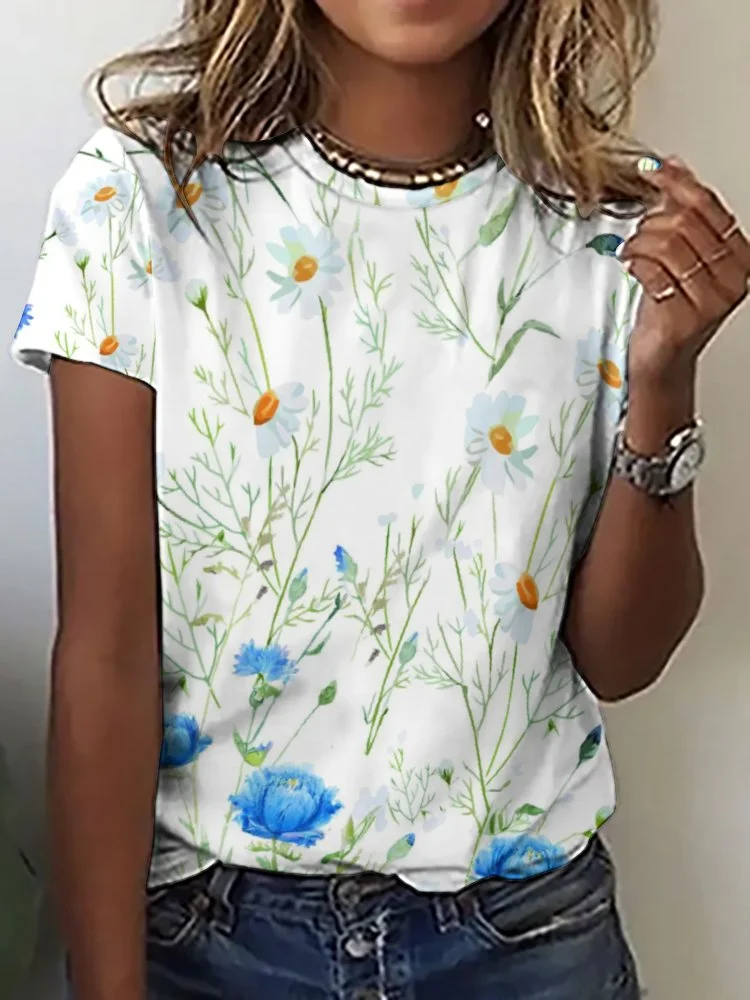 Printed Short Sleeve Casual T-shirt for  Women and Men Unisex Pattern Blue,Floral,White