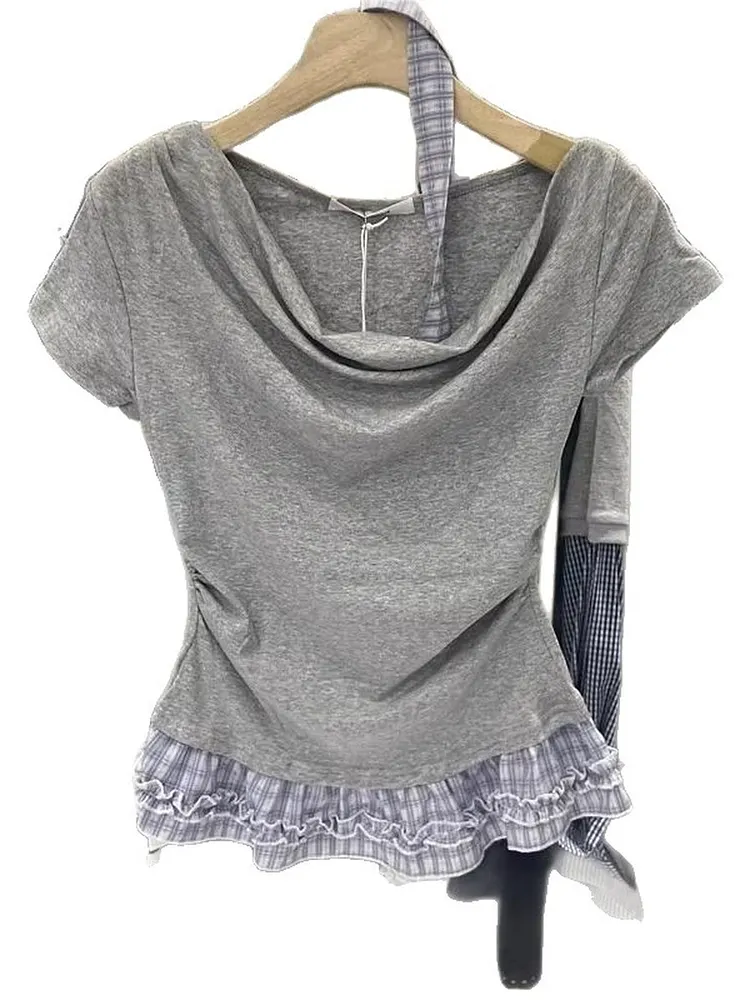Cropped Cotton Top with Tie Neck and Ruffle Detail
