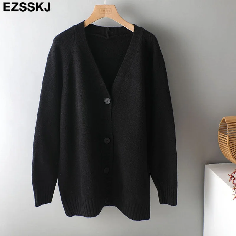 Ezsskj spring autumn sweater long sweater Cardigan Women v-neck Knitted Jacket Cardigan Sweater Female elegant Coat out wear