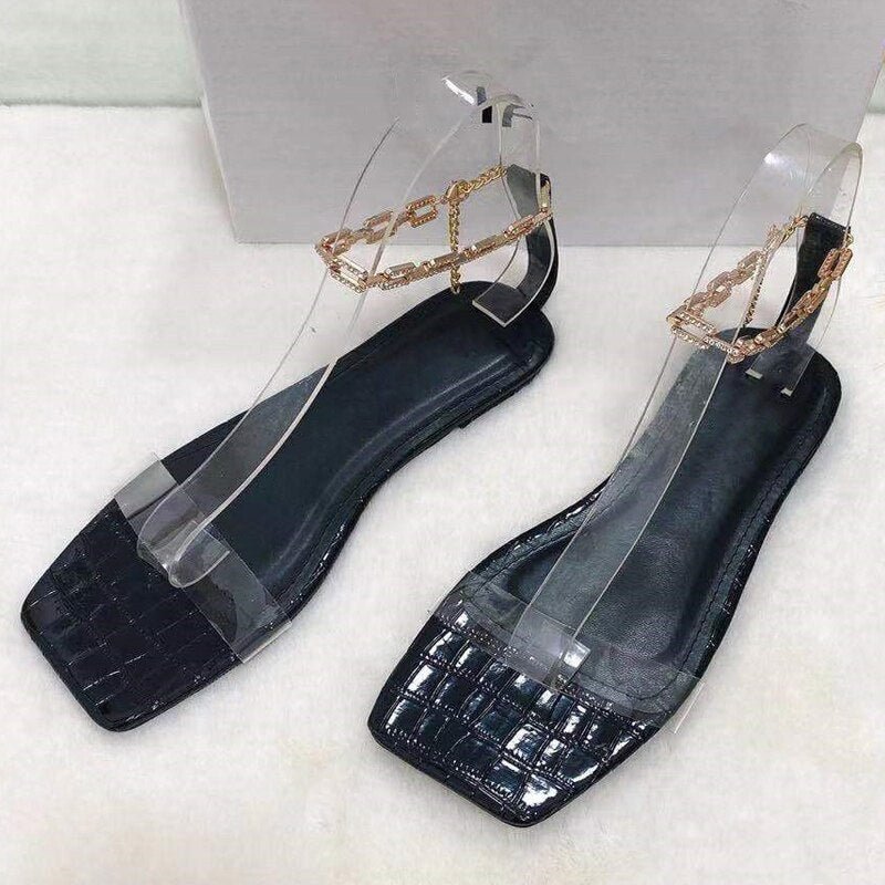 Summer Women Sandals Transparent Band Square Toe Flat Sandals Metal Chain Luxury Sandals Concise Open Toe Sandals Designer 2021