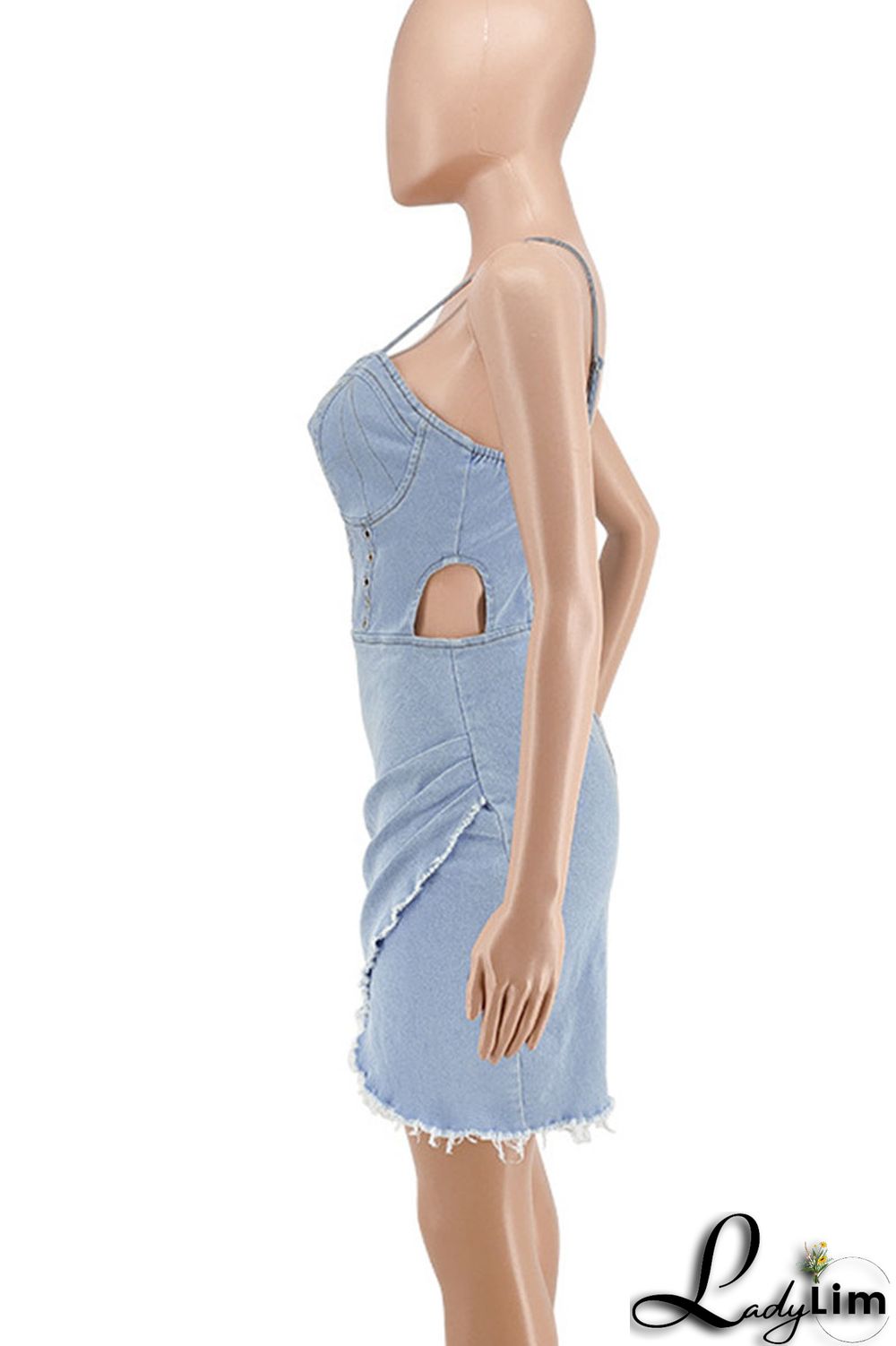 Light Blue Sexy Solid Rivets Patchwork Asymmetrical Spaghetti Strap Sleeveless Regular Denim Dresses