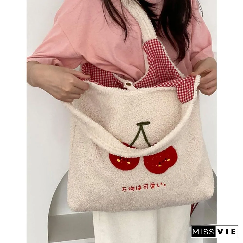 Sweet Cherry Embroidery Plush Tote Bag