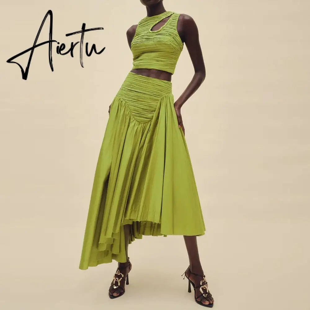 Slim Two Piece Sets For Women Round Neck Sleeveless Hollow Out Pleat Crop Tops Irregular Hem Pleated Skirt Solid Set Female Aiertu