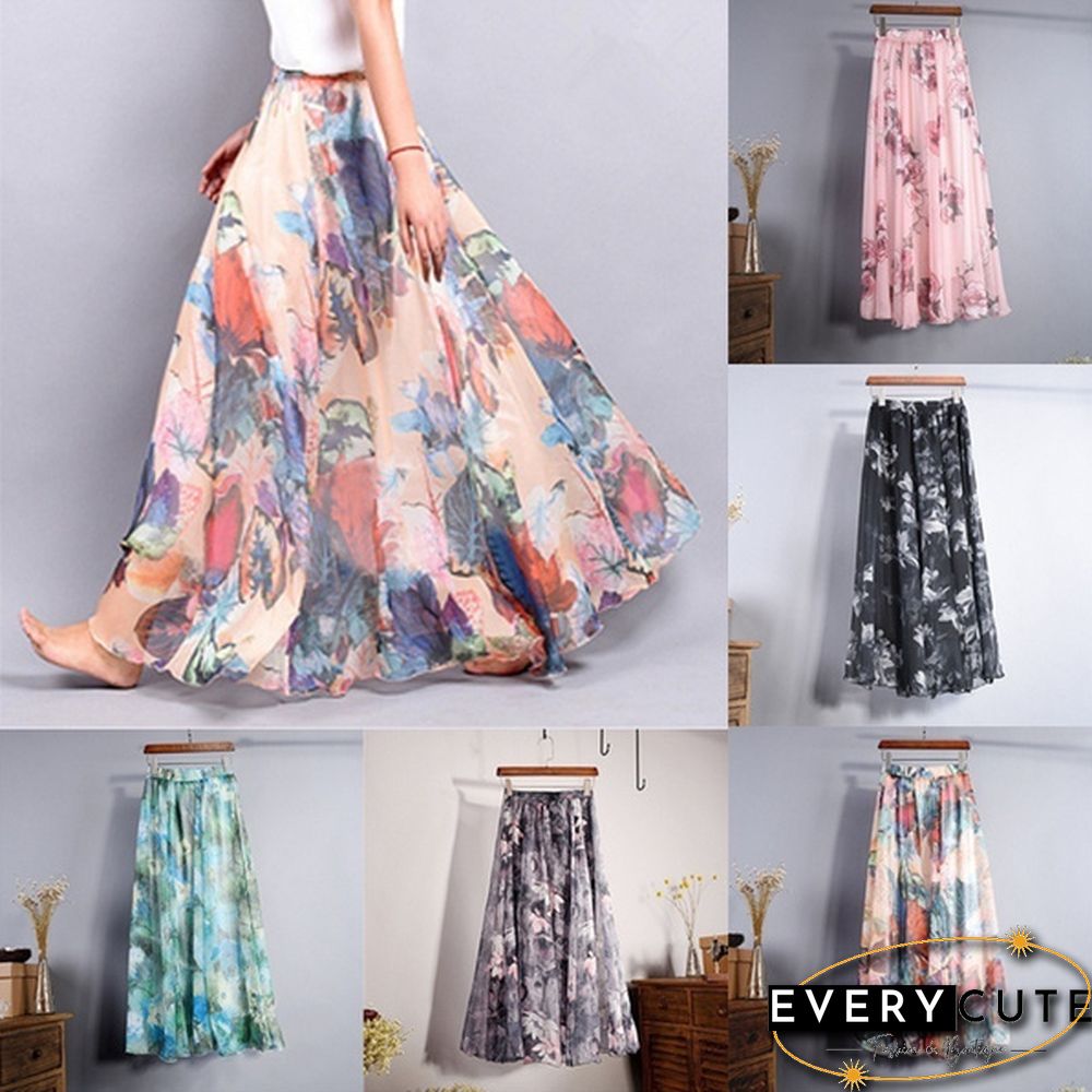 Women Boho Vintage Bohemia Chiffon Floral Printed Floor-Length Long Maxi Beach Dresses