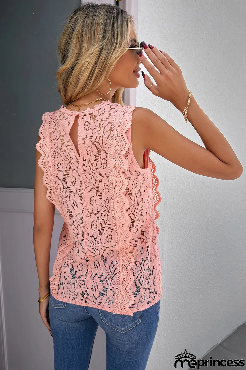 Pink Lace V Neck Tank Top