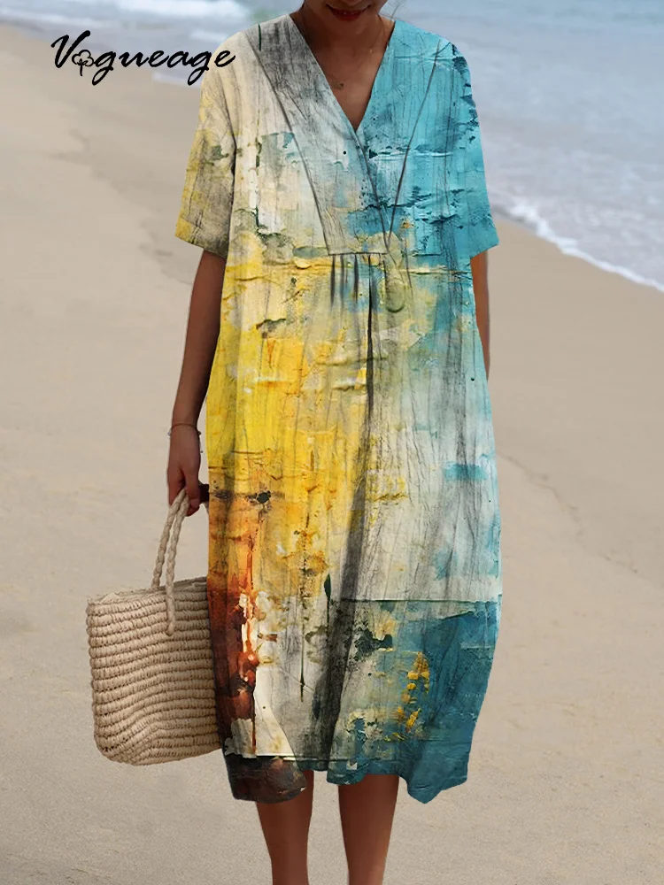 Simple And Fashionable Color Splicing Printed Women's Casual Cotton And Linen Dress