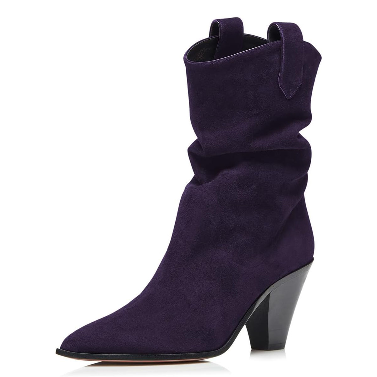 Vegan Suede Pull Tab Pointed Toe Cone Slouch Boots in Purple Nicepairs
