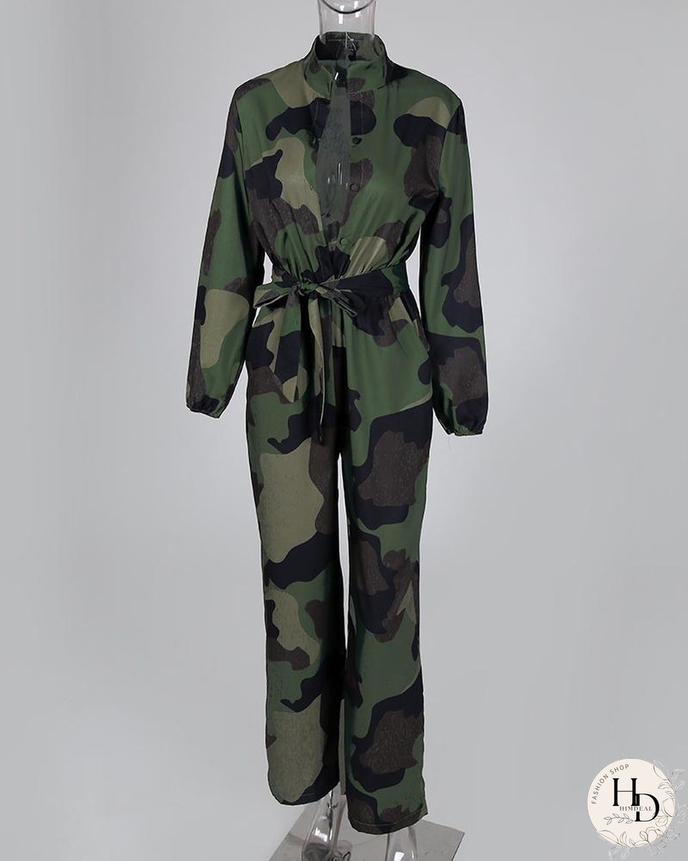 V Neck Camouflage Print Buttoned Jumpsuit P16118