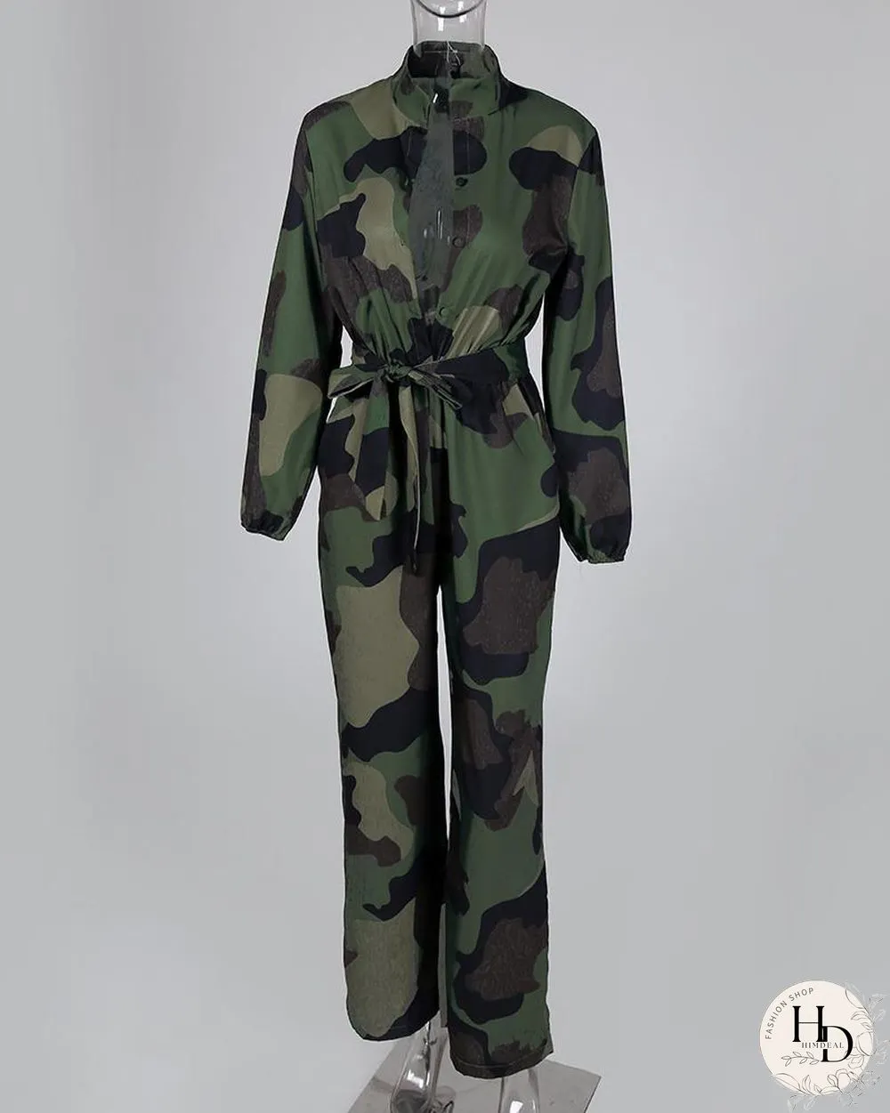 V Neck Camouflage Print Buttoned Jumpsuit P16118