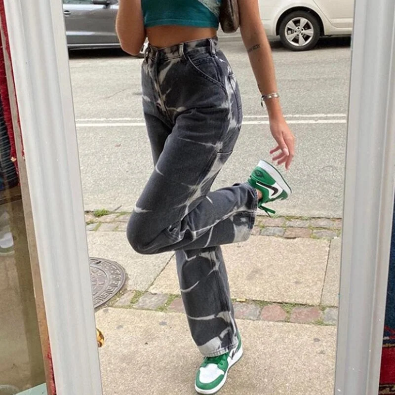 HEYounGIRL Brown Gray Tie Dye Print Harajuku Jeans Women Casual Skinny High Waist Pants Ladies Streetwear Denim Trousers Hip Hop