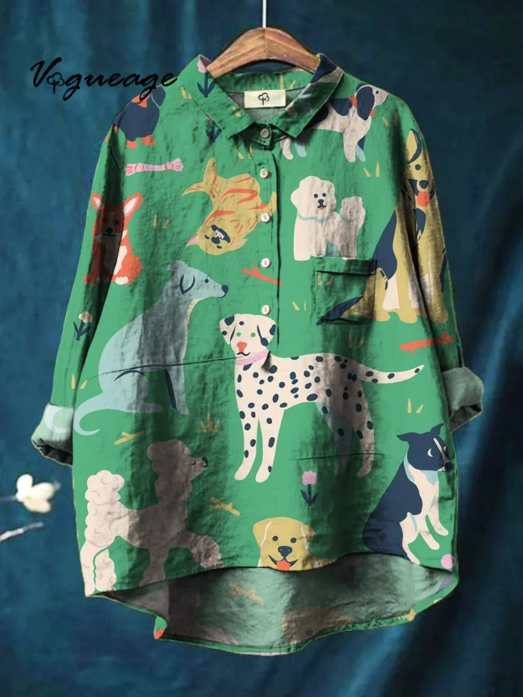 Cartoon Cute Hand Drawn Puppy Printed Cotton And Linen Shirt