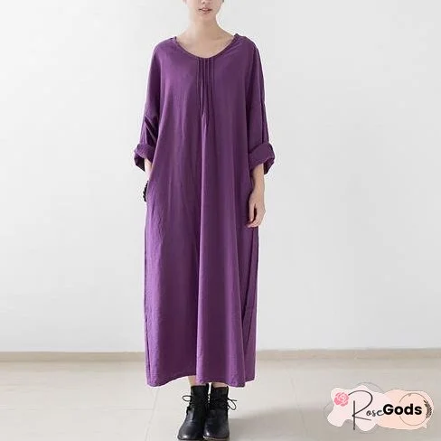Purple linen caftans long bracelet sleeve linen maxi dress