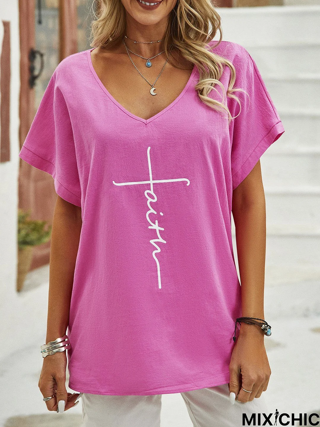 Casual V neck Printed Loosen Short Sleeve Top