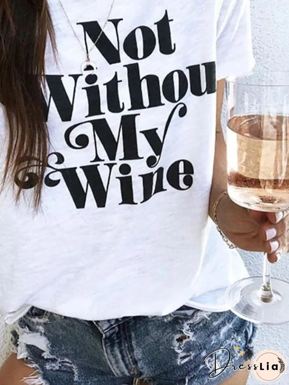 White Letters Printed Short Sleeve Casual Round Neck Shift T-shirt