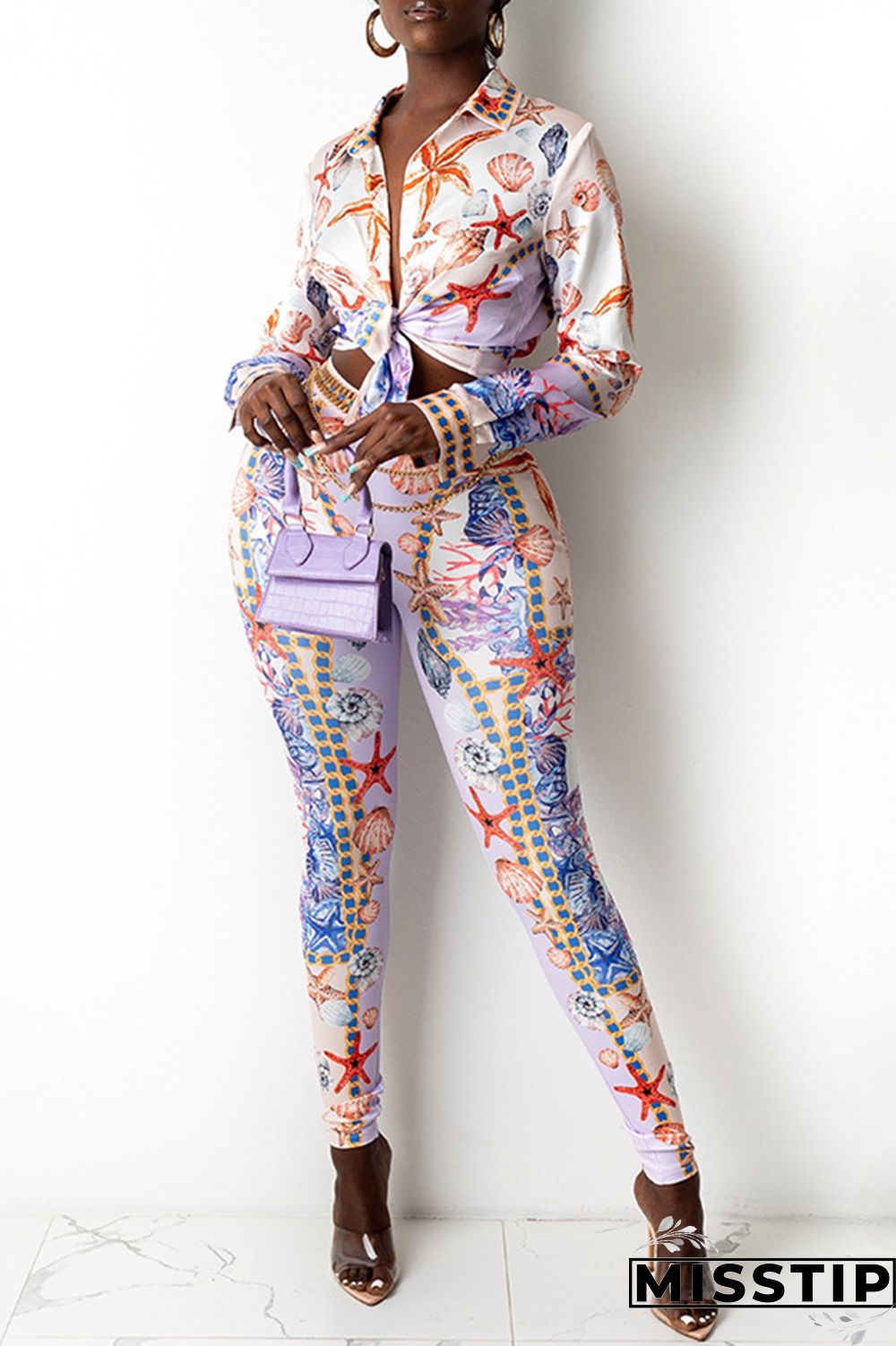 Purple Fashion Casual Print Basic Turndown Collar Long Sleeve Two Pieces