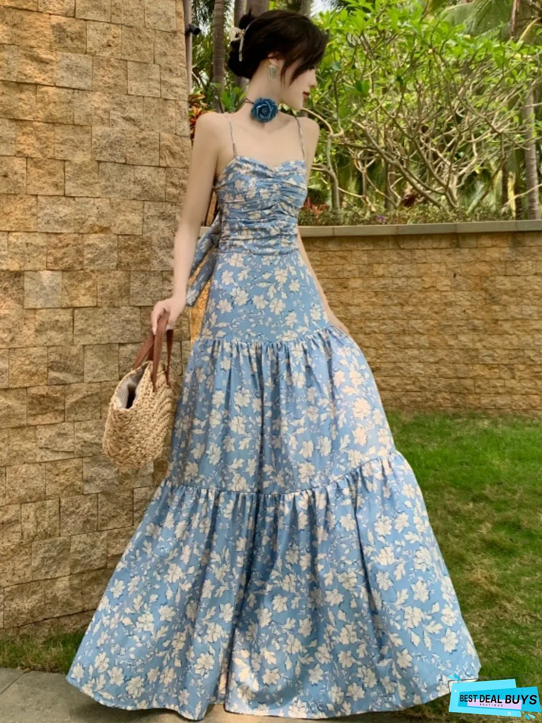 Floral Print Ruched Cami Dress, Elegant Sleeveless Ruffle Hem Dress For Spring & Summer, Women's Clothing