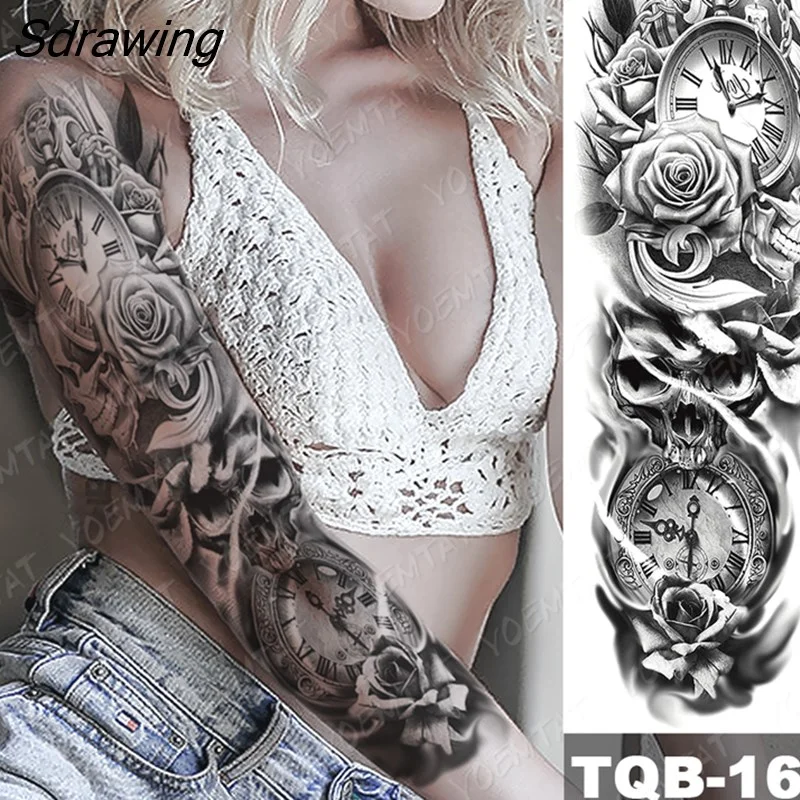 Sdrawing Arm Sleeve Tattoo Tiger Lion Wolf Owl Waterproof Temporary Tatto Sticker Crown Warrior Body Art Full Fake Tatoo Men Women