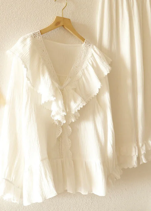 Women White V Neck Patchwork Cotton Pajamas Two Pieces Set Fall