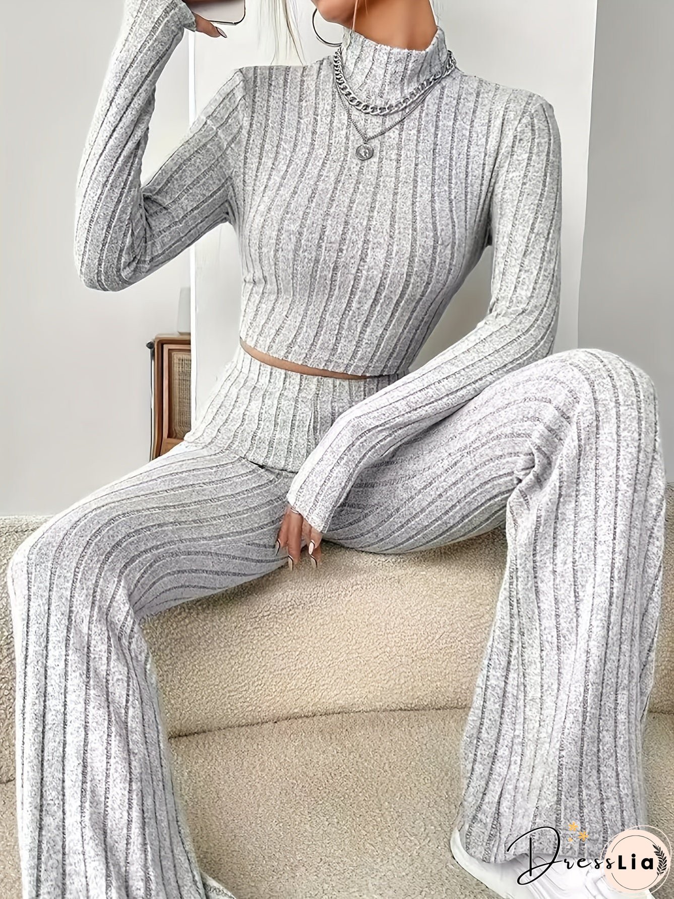 Solid Ribbed Two-piece Set Mock Neck Long Sleeve Tops Flared Leg Pants Outfits Womens