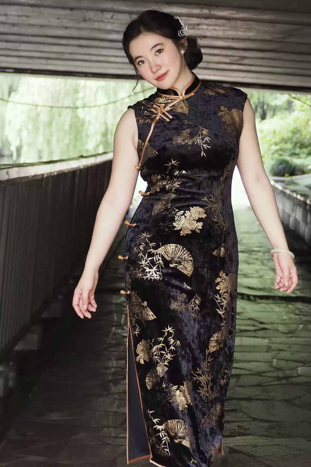 Cheongsam Qipao Plus Size Sleeveless Dress with Gold Foil Vintage Style - zhuyingjinyun 竹影金韵 Stupa Stones