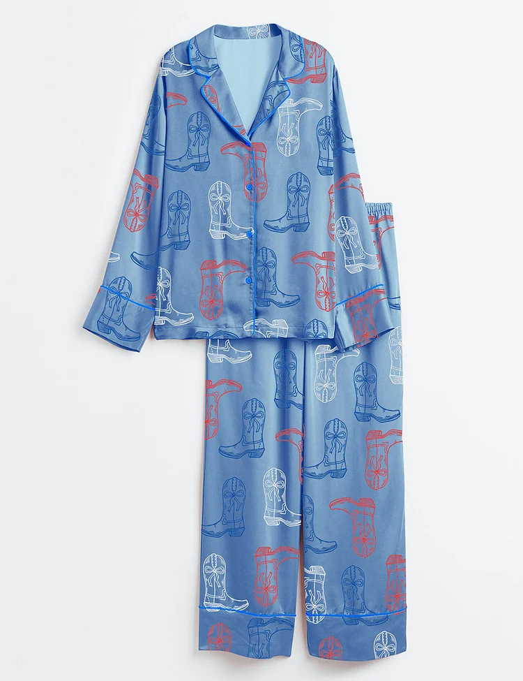 Women&rsquo;s Red White Blue Cowgirl Boots Western 4th Of July Print Long Sleeve Satin Pajama Set