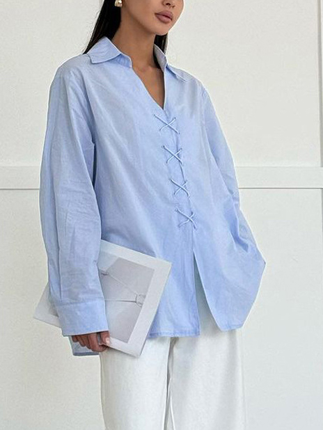 Front Cross-Tie Turn Down Collar Long Sleeve Solid Color Shirt