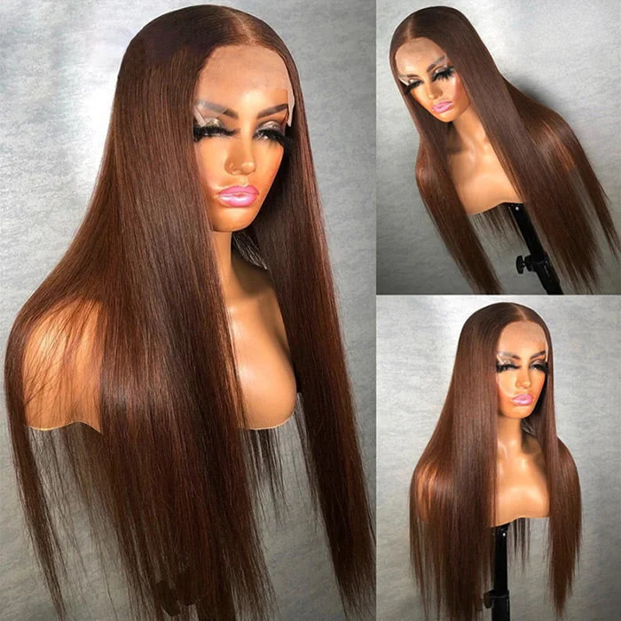 #4 Chocolate Brown 13x4 Transprent Lace Front Wigs Straight/Body Wave Human Hair Wigs 