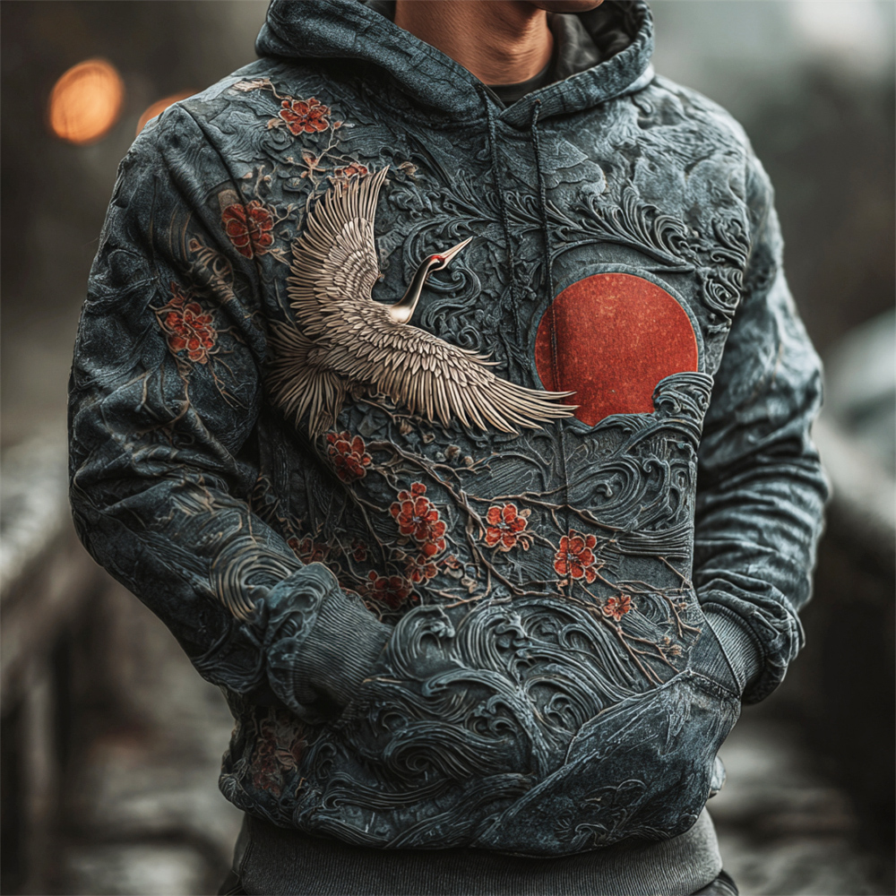 Vintage 3d Japanese Ocean & Crane Art Men's Hooded Sweatshirt  artssus