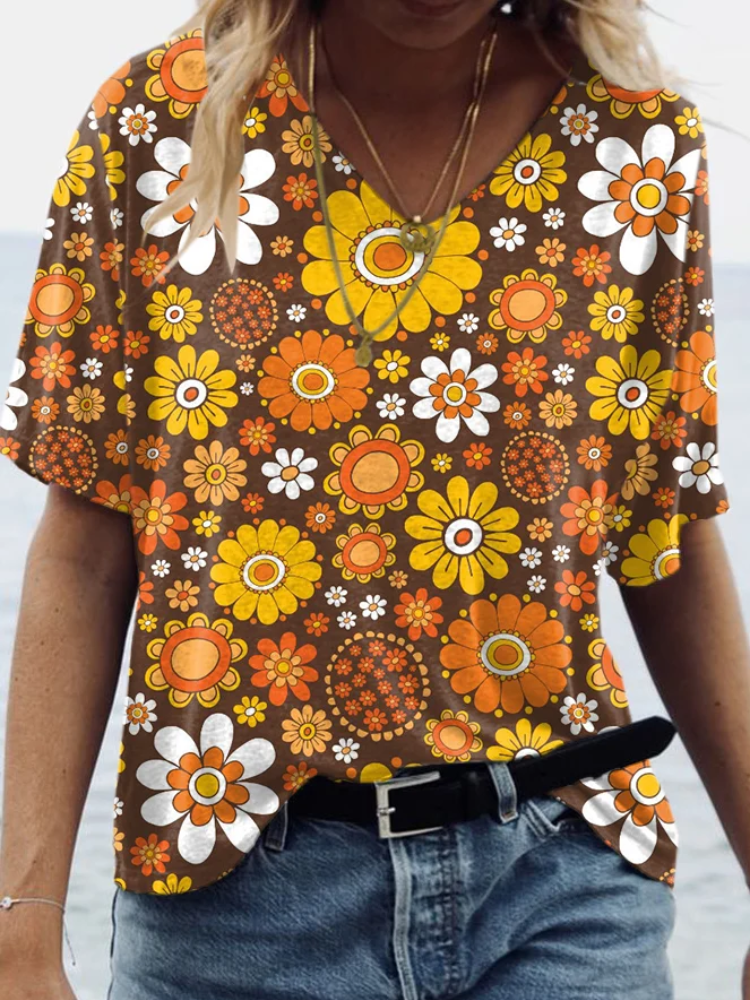 Women's Vintage Floral Print V Neck Casual T-Shirt