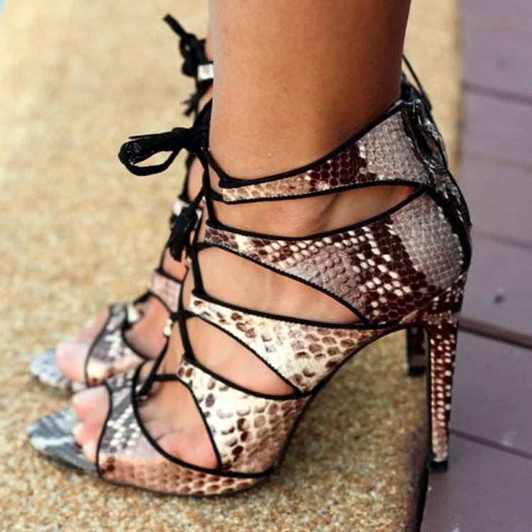 Brown Python Peep Toe Lace up Sandals Stiletto Heel Sexy Shoes |FSJ Shoes